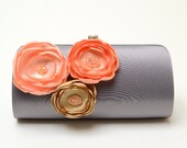 Gray Grey Clutch with Peach Apricot & Champagne Flowers - Bridal Clutch - Bridesmaid Clutch - Petite Shabby Chic Bouquet Clutch