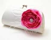 Feather Bridal Clutch in Off White & Fuchsia Pink - Shabby Chic Clutch - Bouquet Clutch - Rhinestone Flower Blossom - Medium Size