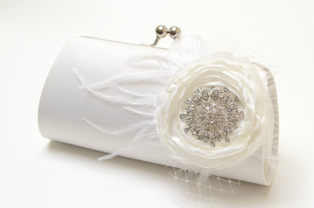 Feather Bridal Clutch in Off White - Rhinestone Flower Blossom Shabby Chic Clutch - Bouquet Clutch - Medium Size