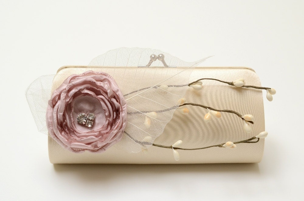 Champagne Cream & Dusty Rose Bridal Clutch or Bridesmaid Clutch - Rustic Cottage Country Woodland - Shabby Chic Bouquet Clutch