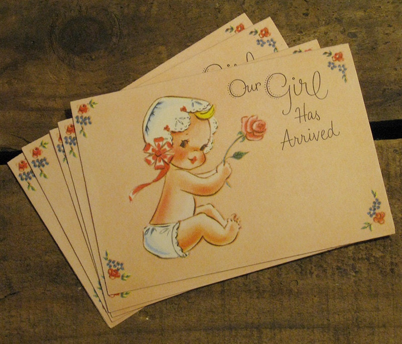 Vintage Baby Girl with Rose Baby Announcements - Set of 12 - Baby Girl