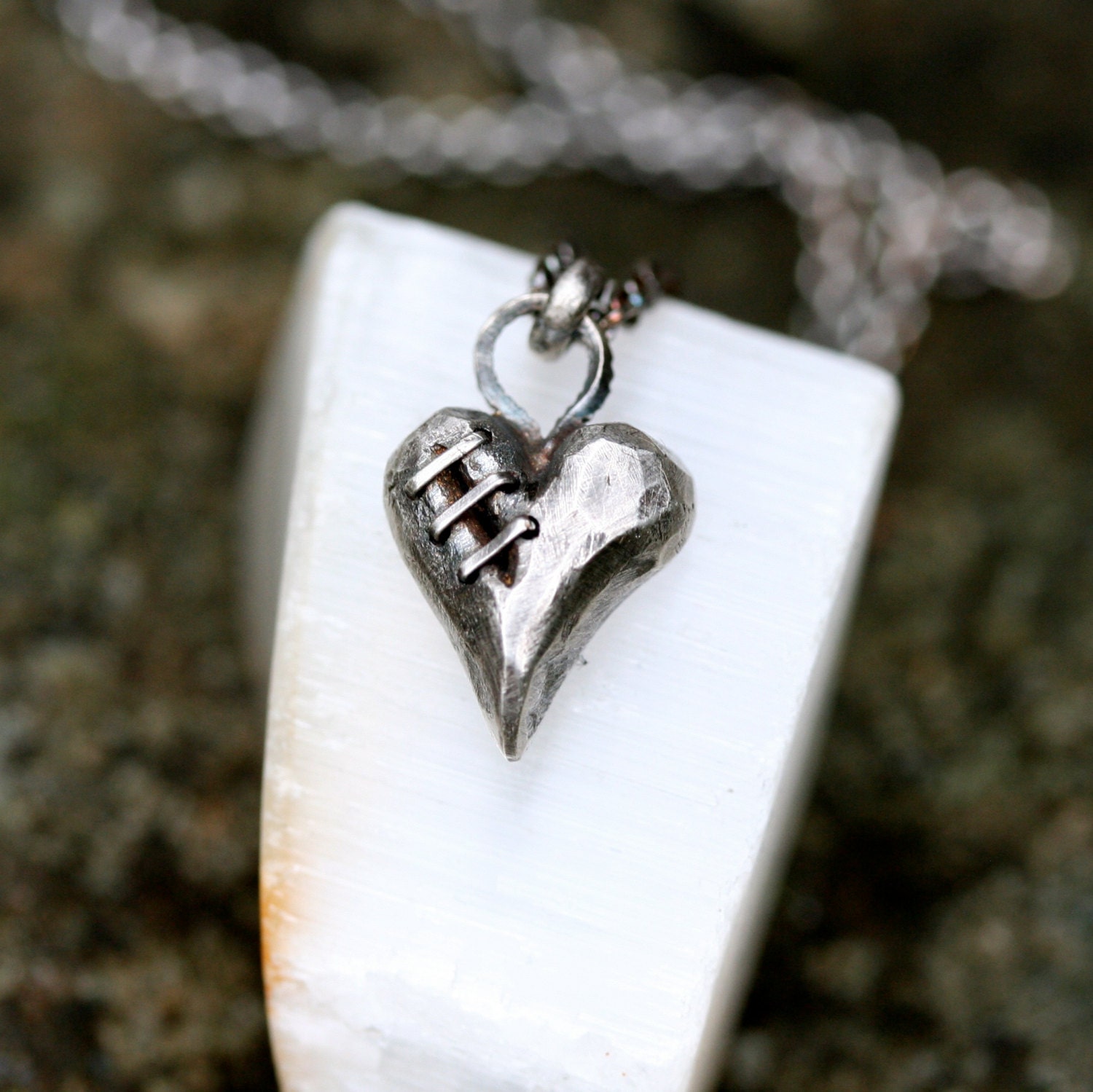 Sculpted fine silver clay Sutured Heart necklace No.11