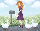 Melody and the geese - signed digital illustration art print 8X10 inches, quirky summer picture girl dandelions goose green flowers