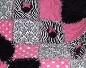 Personalized  Appliqued  Zebra N Demask Minnie Applique N Minky Rag Quilt Crib Bedding 34" x 42" Made to Order