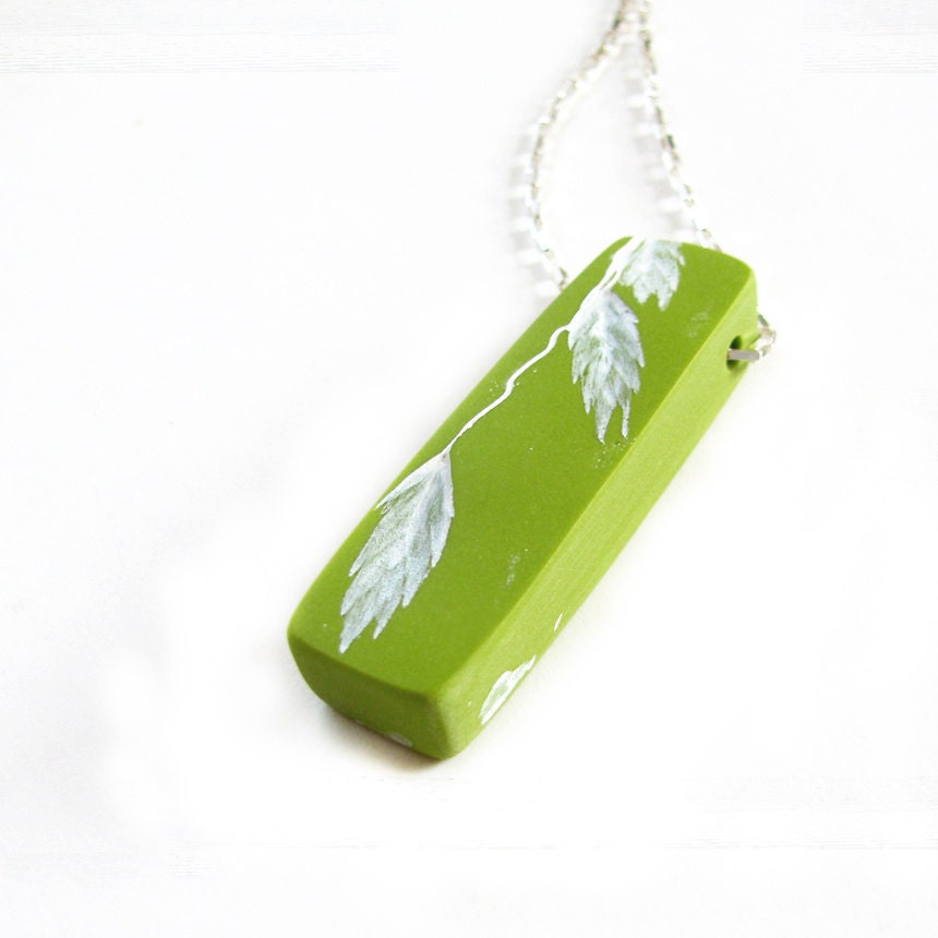 Botanical Necklace Northern Sea Oats Pea Pod Green White Rustic Nature Chasmanthium Pendant Rectangle Sterling
