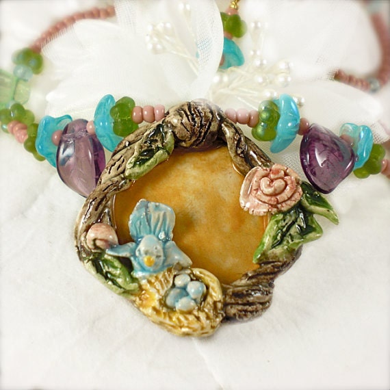 Handmade Designer Necklace Tiny Bird in Nest Sculpted Ceramic Vintage beads - Salzanos
