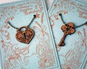 Skeleton Key and Soaring Heart Lock Pendants, companion necklaces, engraved alder wood