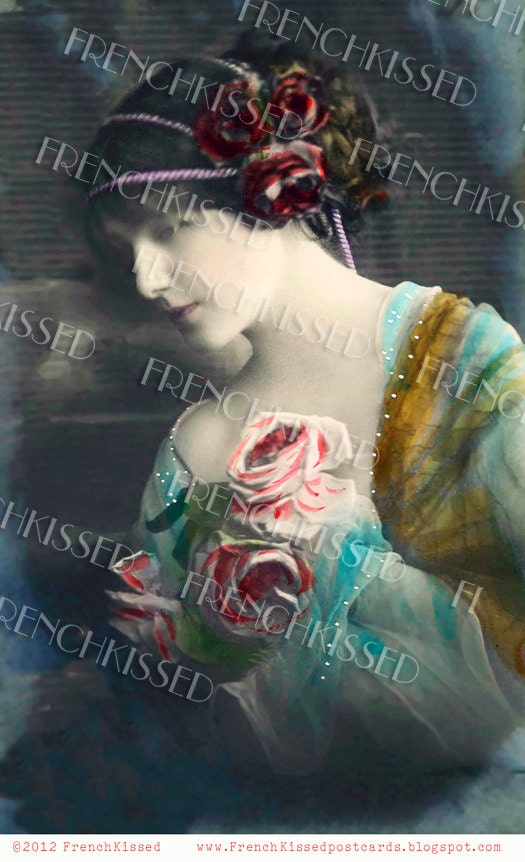 Instant Download Beauty in Turquoise Blue with Bouquet Roses in Hair Antique French postcard Digital Scan