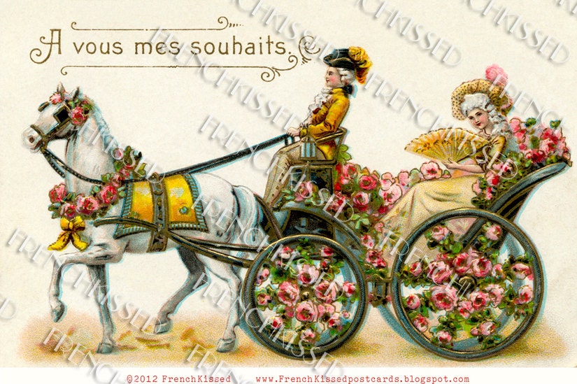 Instant Download Marie Antoinette 18th century style Carriage Horse Roses French postcard Digital scan