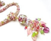 Floral Pink, Purple and Lime Lampwork Pendant with Beaded Daisychain Necklace