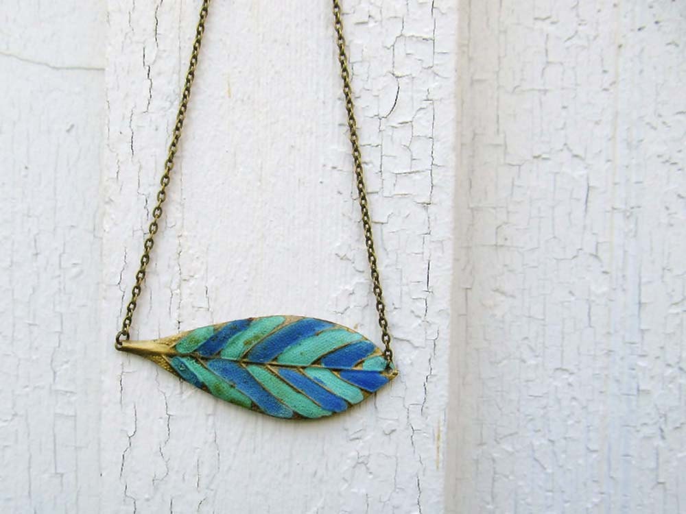 boho Leaf necklace Blue and mint Bohemian jewelry metal Feather