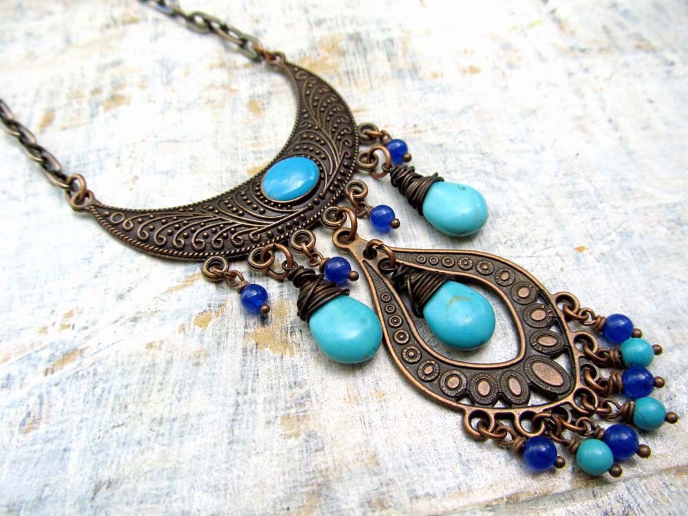 Turquoise Bohemian necklace copper Ethnic statement necklace Boho bohemian jewelry