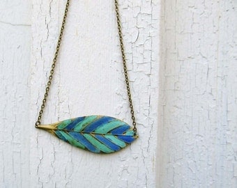 boho Leaf necklace Blue and mint Bohemian jewelry metal Feather