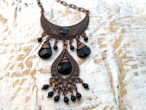 black Bohemian necklace Gypsy statement necklace wire wrapped Boho Bohemian Jewelry