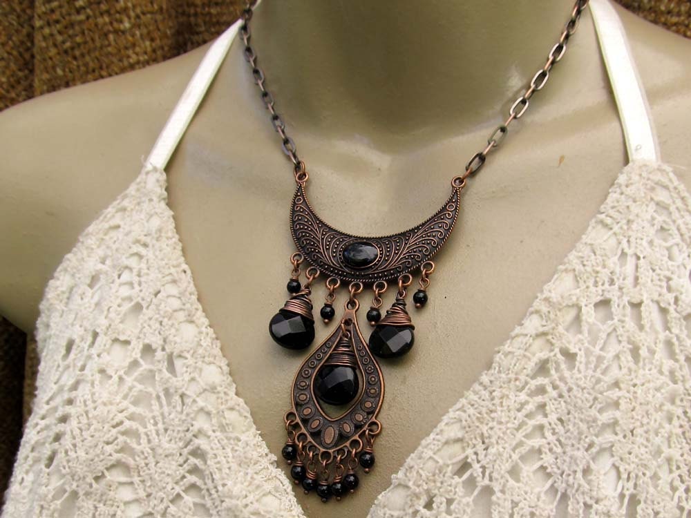 black Bohemian necklace Gypsy statement necklace wire wrapped Boho Bohemian Jewelry