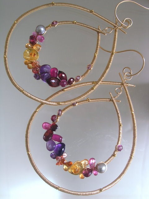 Here She Comes...Amethyst Sapphire Ruby Garnet Bejeweled Original Gold Filled Framed Teardrop Hoop Earrings