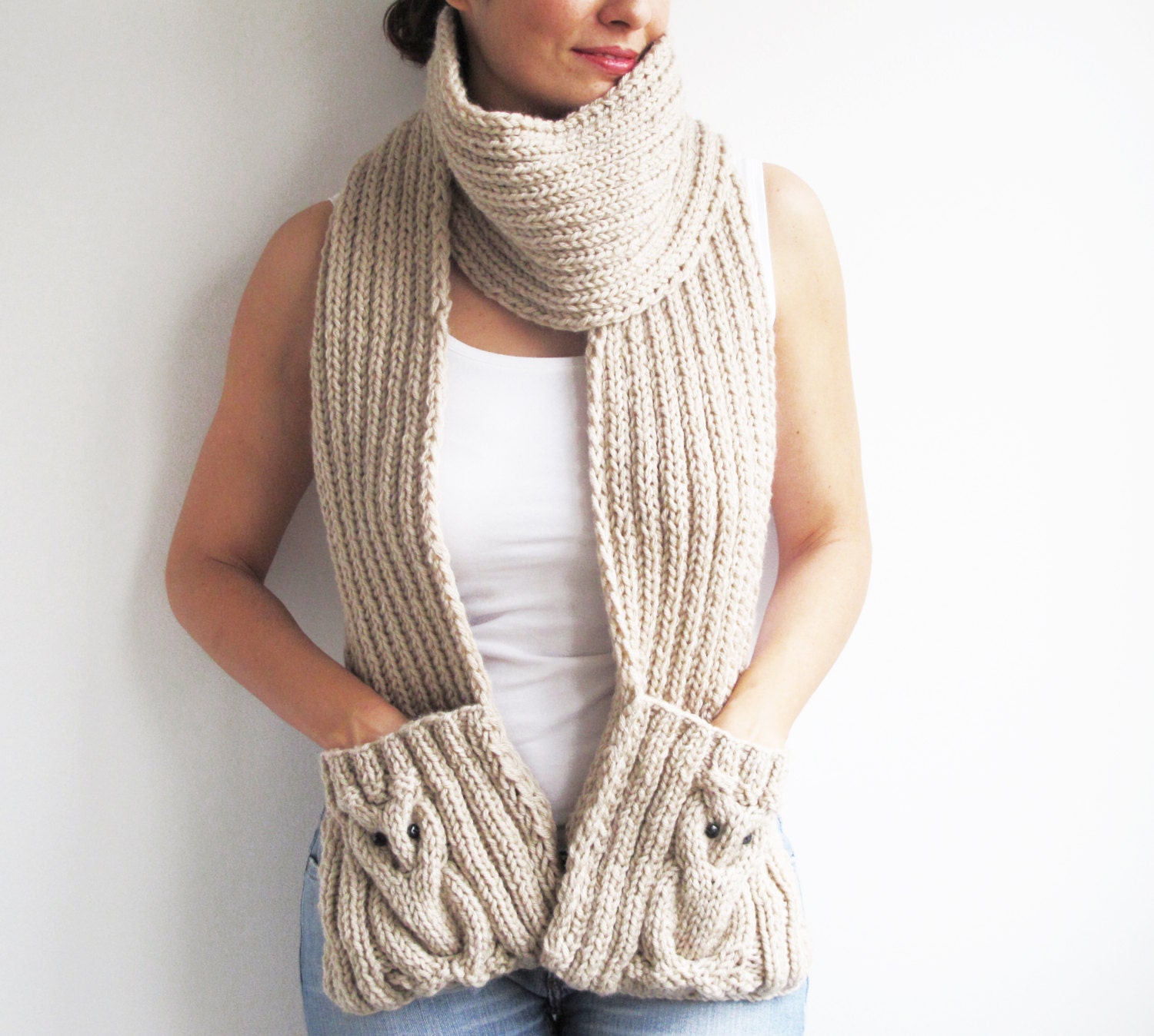 Ecru Owl Scarf  With Pockets