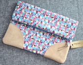 Large Fold Over Clutch with suede accents, Ipad case, tablet case