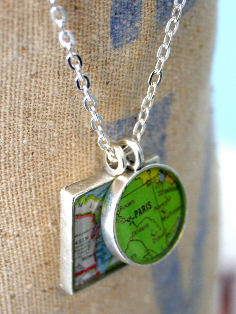 GirlFriend Map Pendants, Custom Order Map Jewelry, Large Square, You Name the Cities, Brushed Matte Finish