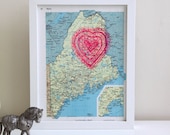 screenprinted vintage state maps with neon pink heart, i love the us (choice of montana or iowa maps)