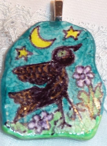 OOAK Grackle-Black Bird Pendant on Pottery Shard, drawn by hand