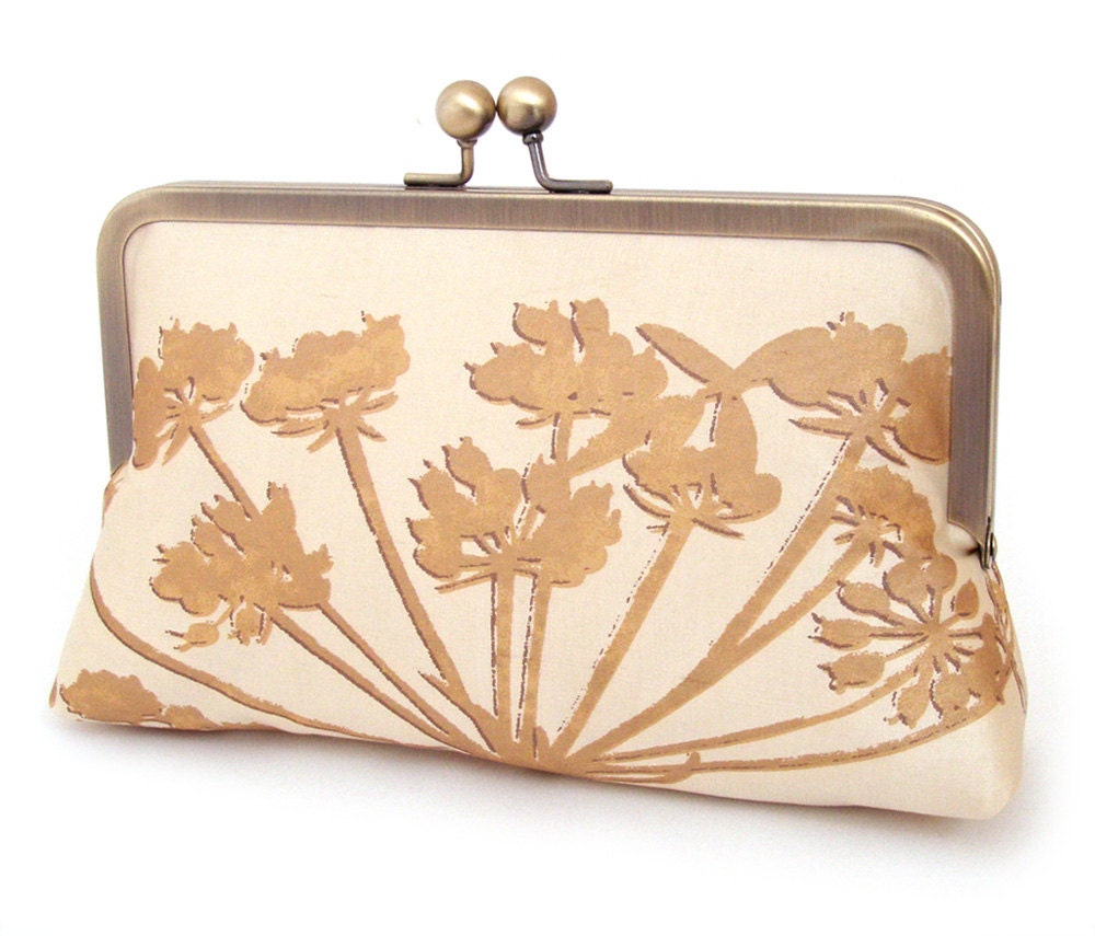 Gold pods clutch bag, silk purse, woodland wedding, bridesmaid gift