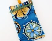 Fabric clip pouch iPhone case boho blue gold and brown floral
