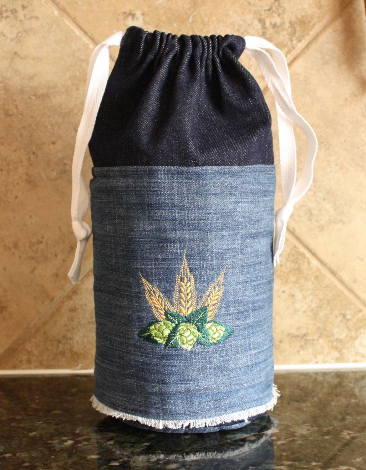 Recycled Denim Insulated Beer Growler Tote Embroidered Barley Hops