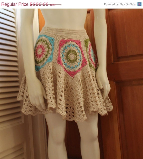 May Sale Country Chic - Sizes M/L - Ecru Pink Lime Turquoise Lined Swing Skirt by Annie Briggs 'LAURA'