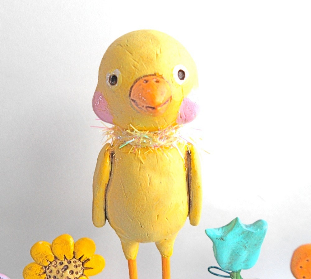 Spring Chick with Garden Flowers folk art sculpture as seen in Holiday's and Celebrations Magazine - indigotwin
