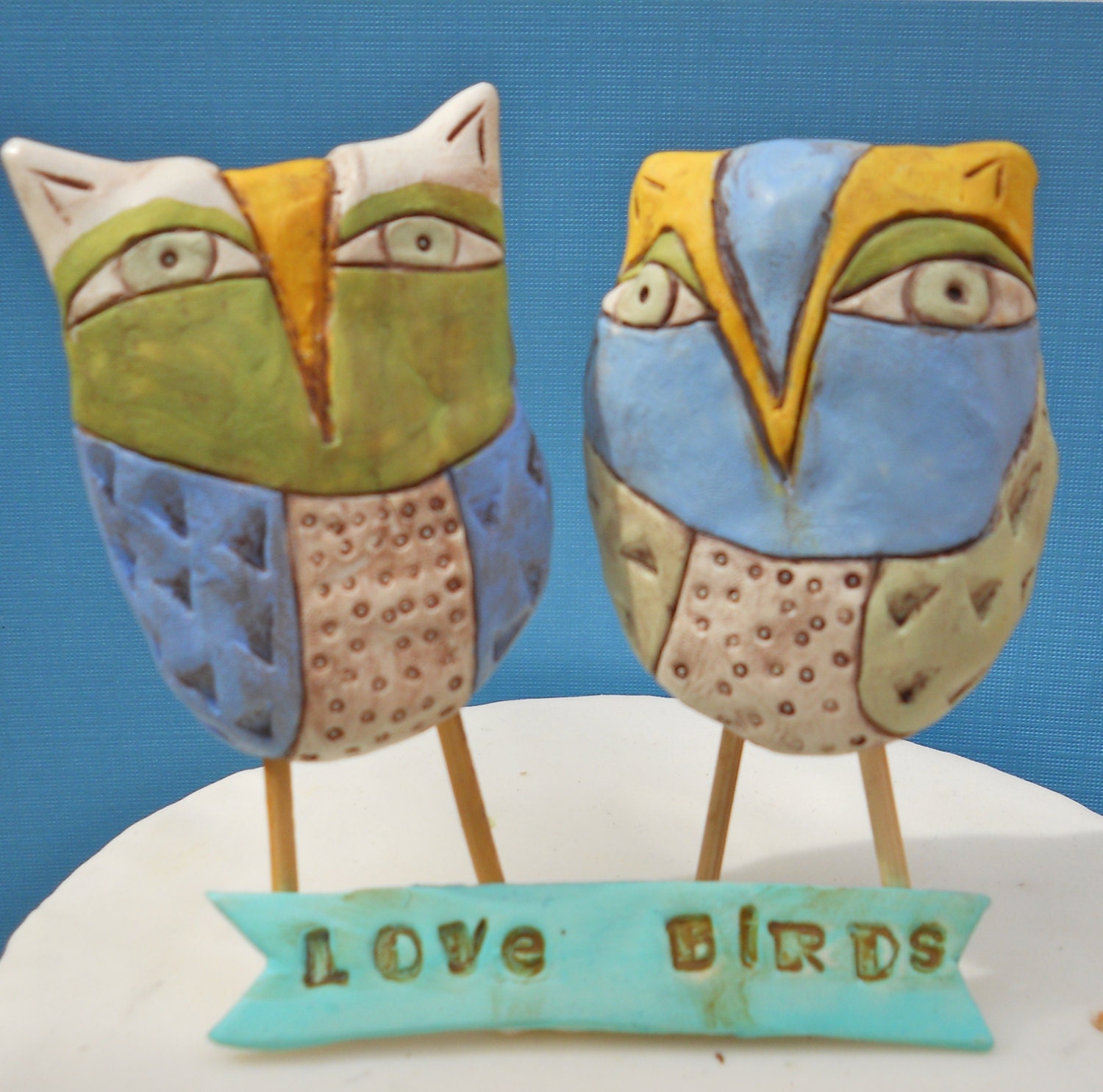 Colorful Owls in Love Wedding cake topper with for your Rustic Wedding