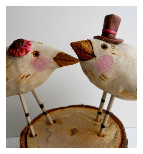 Neutral Birds Wedding cake topper with Pink accents for your Rustic Wedding