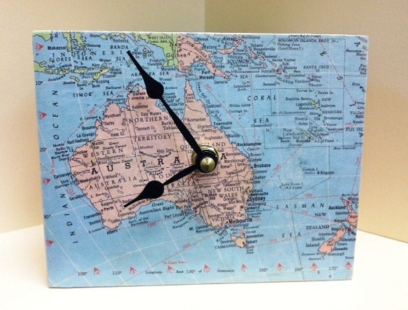 Vintage Map of Australia and New Zealand Upcycled Cigar Box Clock by cadencedesigns on etsy