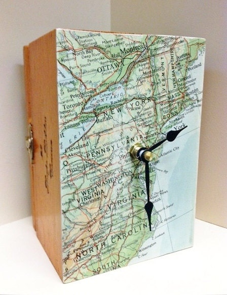Vintage Map of Northeastern Seaboard Upcycled Cigar Box Clock by cadencedesigns on etsy