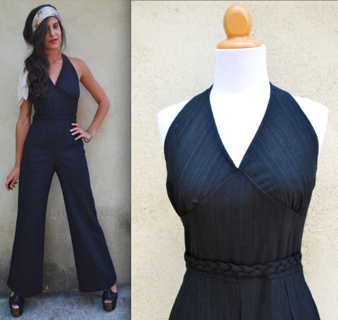 Vintage 70s Black Halter Jumpsuit (size xs, small)