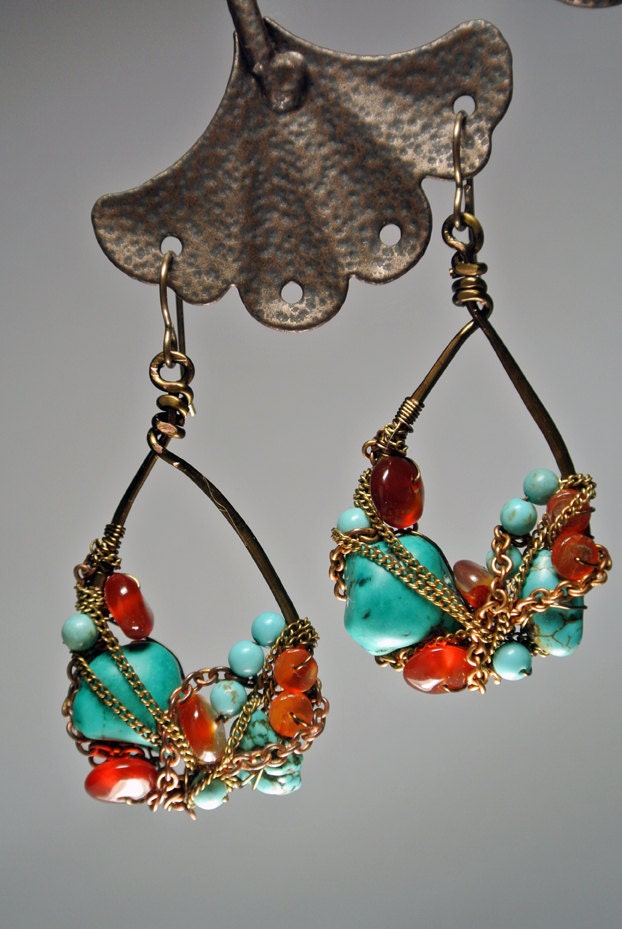 Nested earrings in turquoise and carnelian