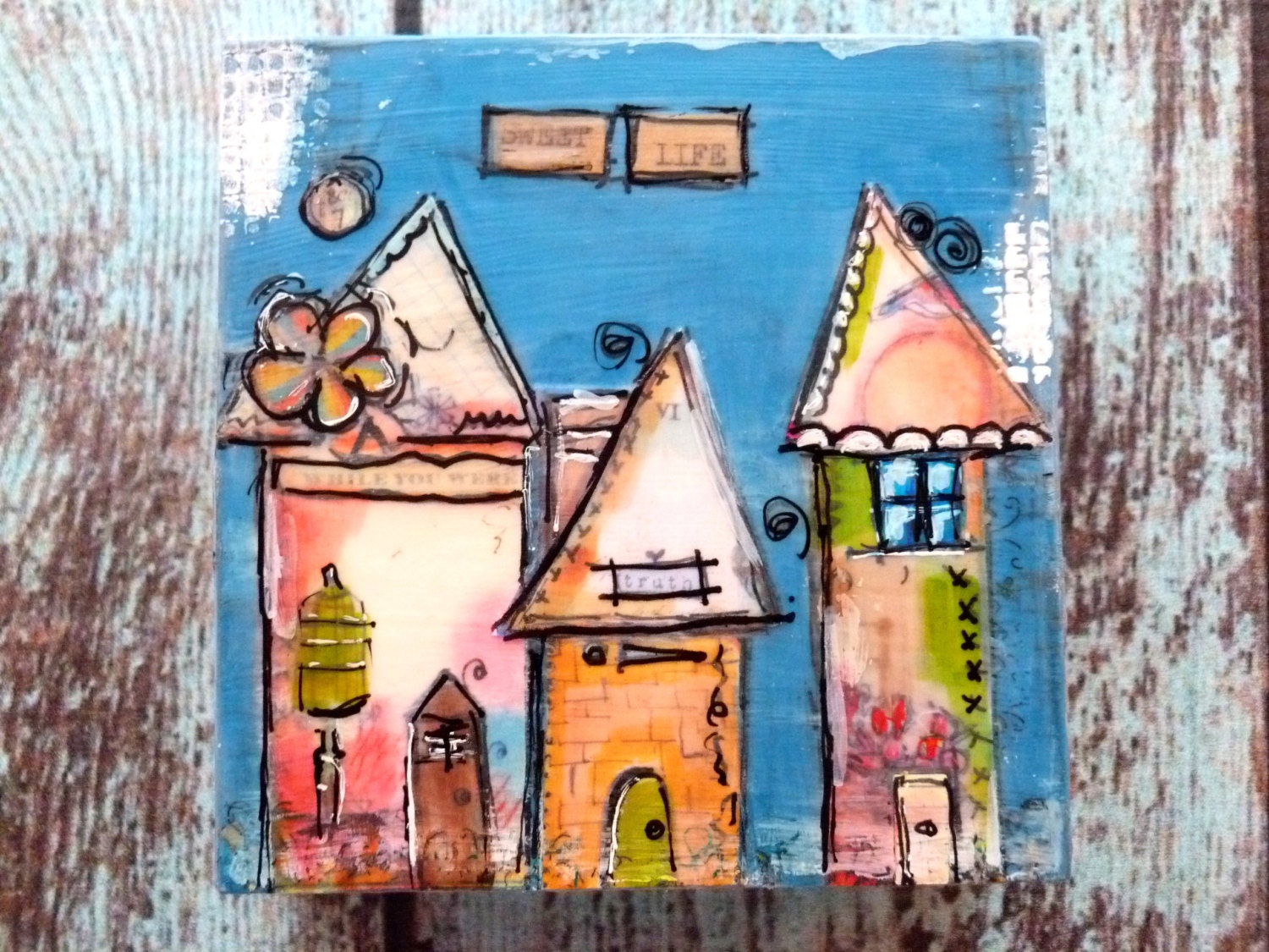 Collage on Wood block ,Sweet Life, Blue, houses