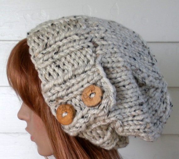 Woman's Slouch Hat, Knit, under 50, beanie Oatmeal, Chunky, beret, winter, vegan