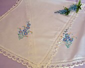 Pretty White Handmade Tablerunner Doily Crochet Lace Edge Embroidery Blue Flowers Vintage linens housewares home decor antique collectibles