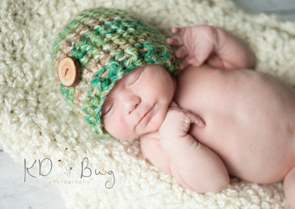 Crocheted Green and Brown Baby Boy Beanie With Handmade Wooden Button-Cute Photo Prop or Newborn Gift