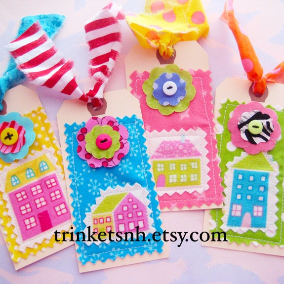 Sewn Colorful Houses Fabric Tags Set of Four