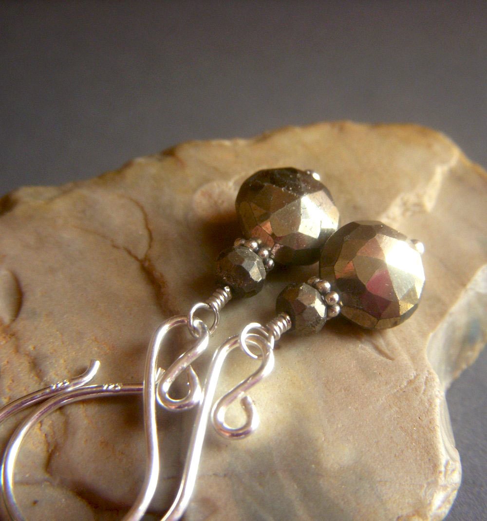 Pyrite Coin Earrings on Sterling Silver . Fool's Gold Gemstone Petite Dangle . Galaxy