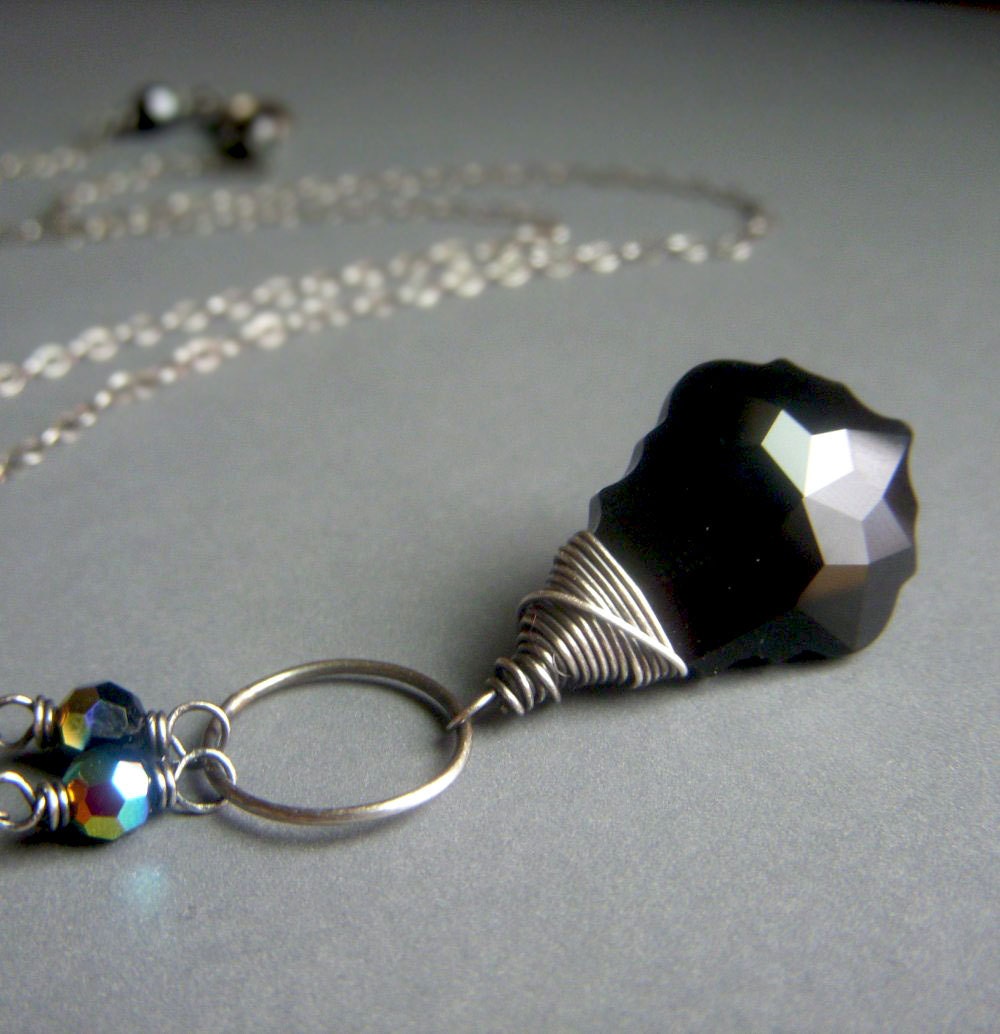 Black Swarovski Necklace on Oxidized Sterling . Wirewrapped Crystal Pendant . Bewitched