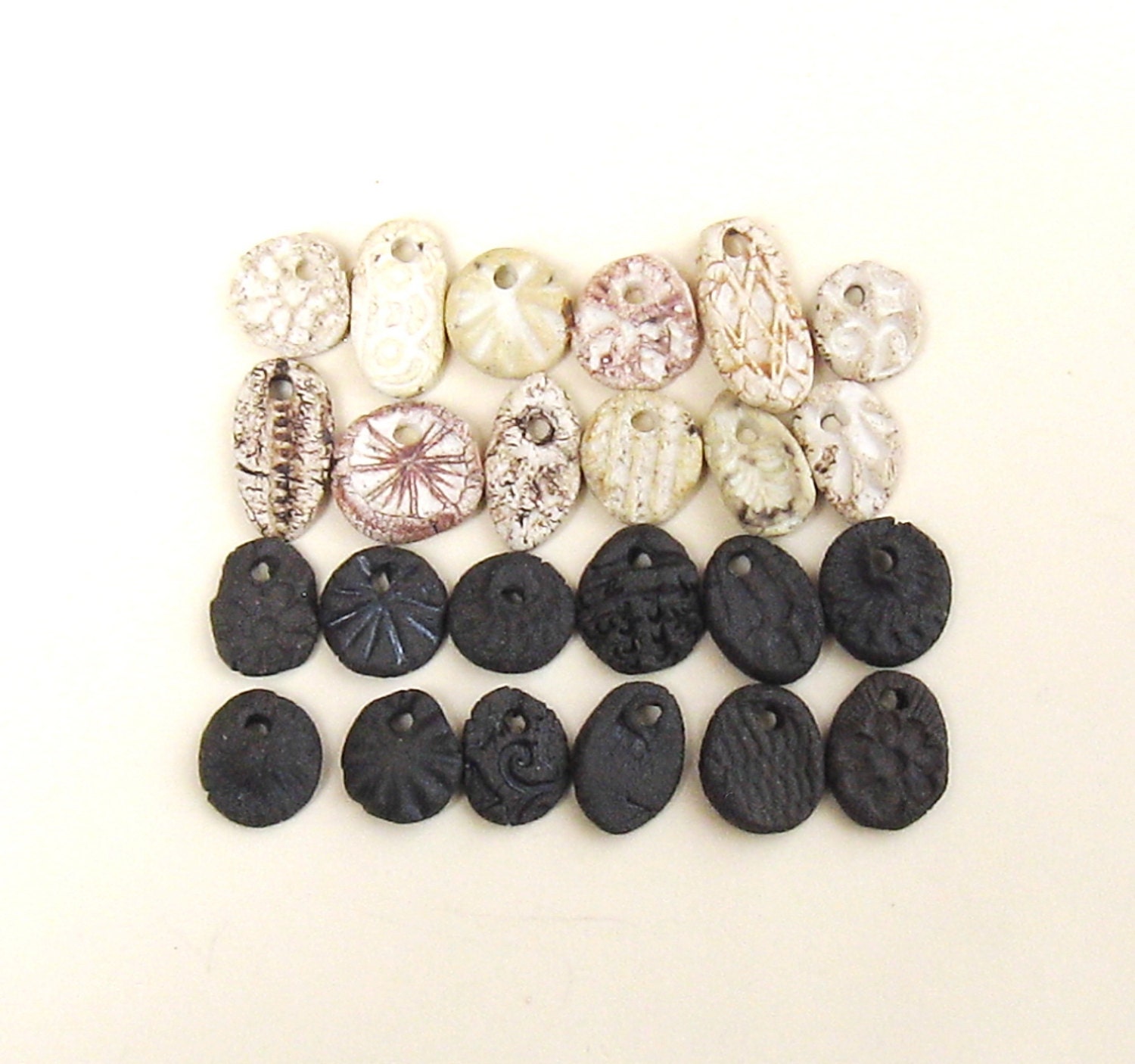 Ceramic Beads Charms 24 Black & Light Tiny Rustic Stoneware Jewelry Craft