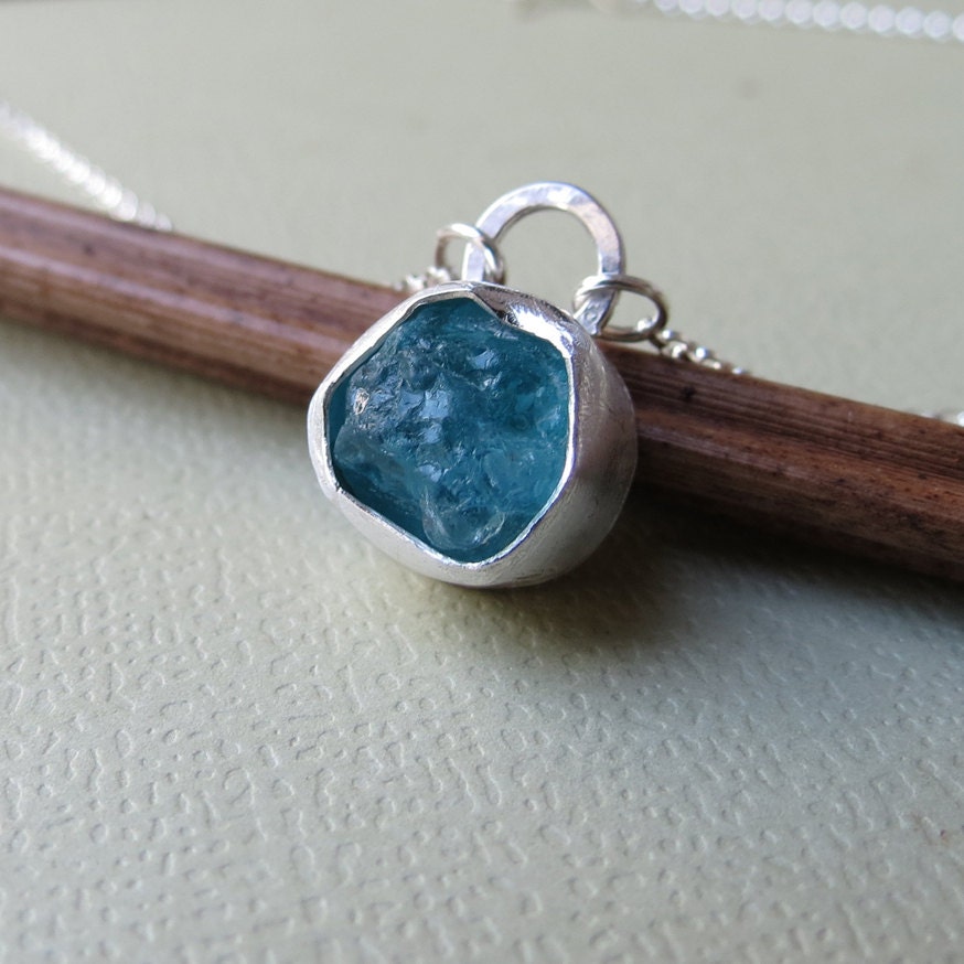 Rough Apatite Necklace, Sterling Silver Gemstone Necklace, Anniversary Gift, Handmade Gem Necklace, Electric Blue Apatite