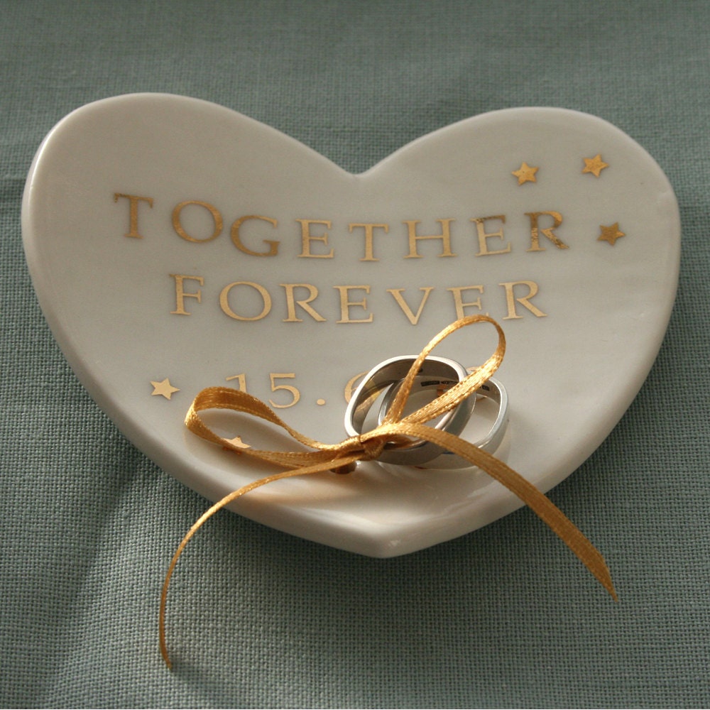 Personalised Wedding Ring Dish, Porcelain Heart with Real Gold Lustre