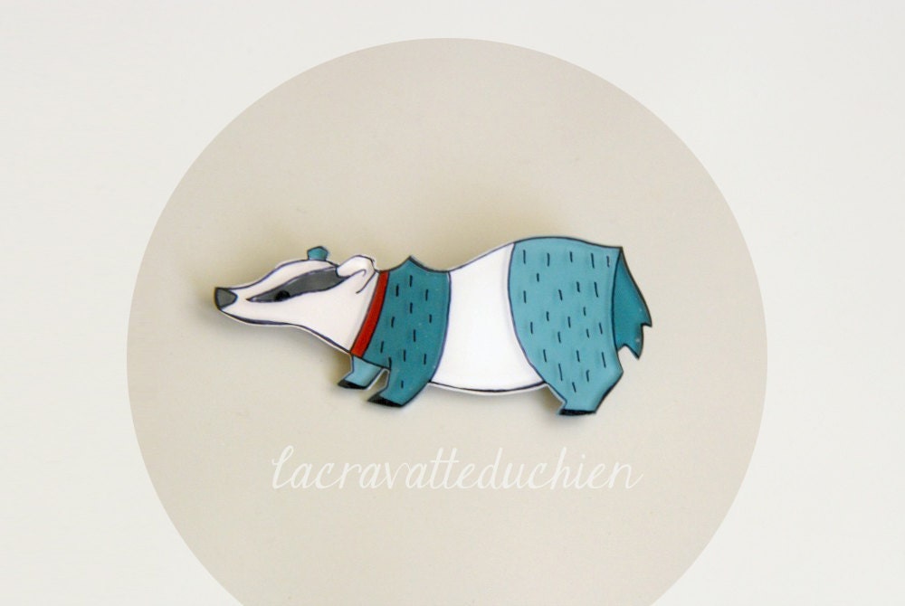 Badger brooch, woodland jewelry, illustrated acrylic