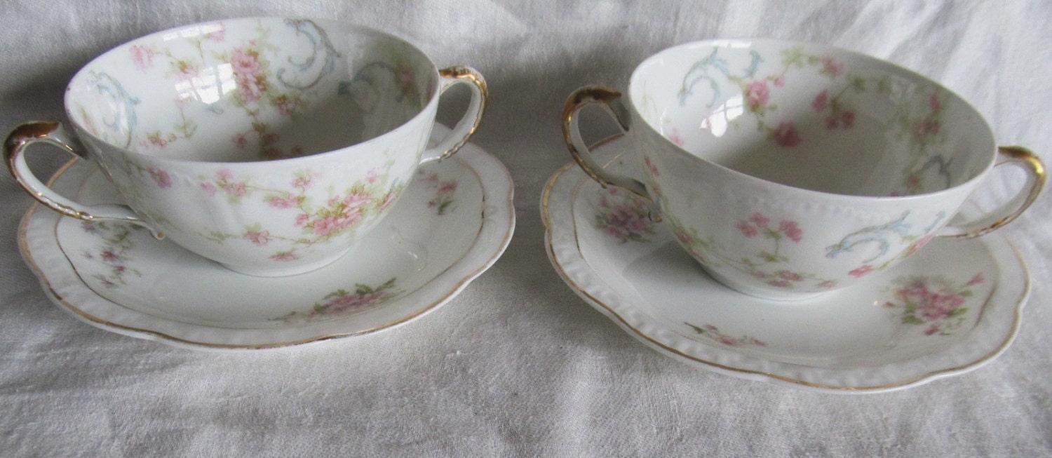 Antique Set Of 2 Princess Haviland And Co Limoges France Bouillon Cups With Bavaria Saucers, Mix Match