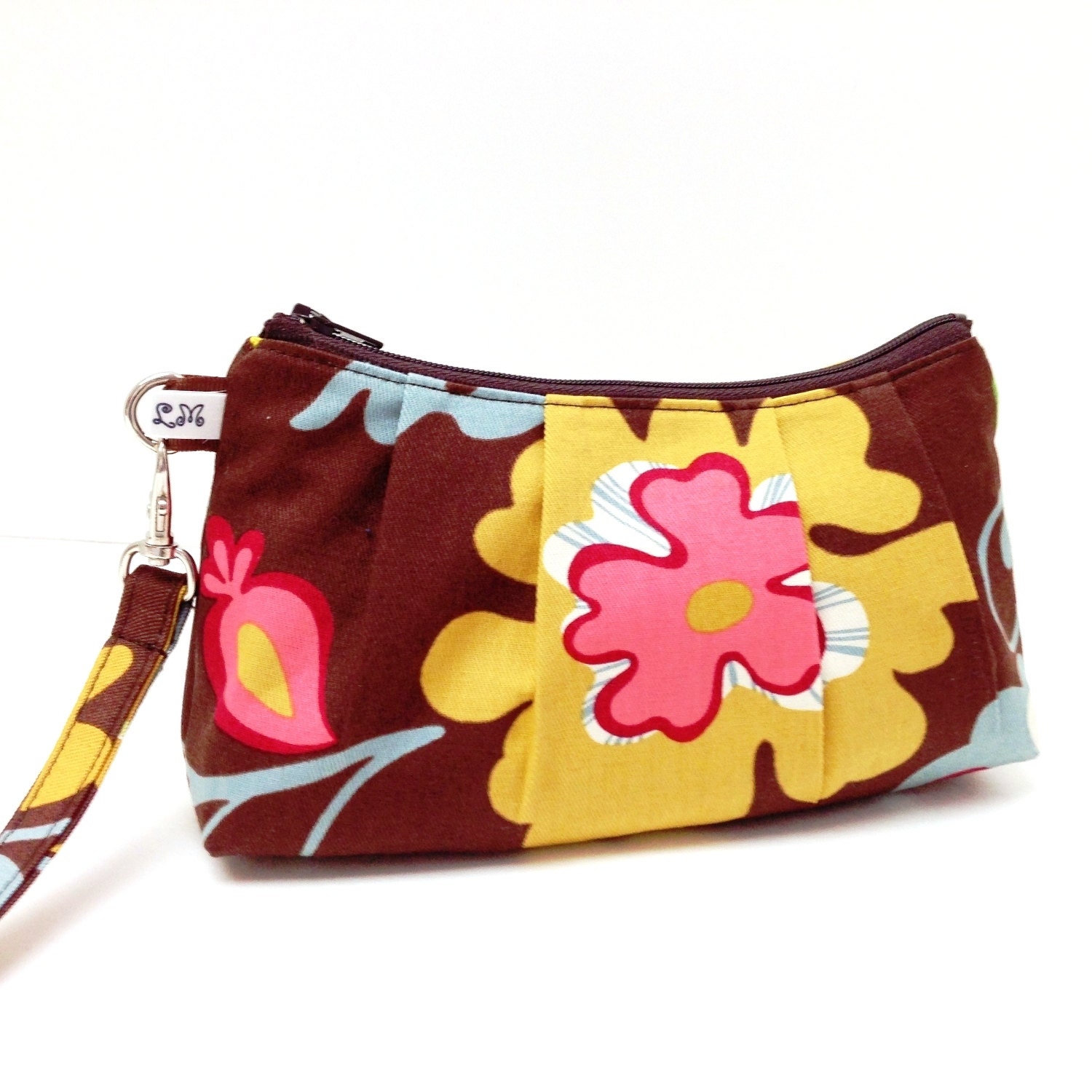 Rectangular Wristlet Clutch Purse  - Yellow Pink Green Flowers on Brown