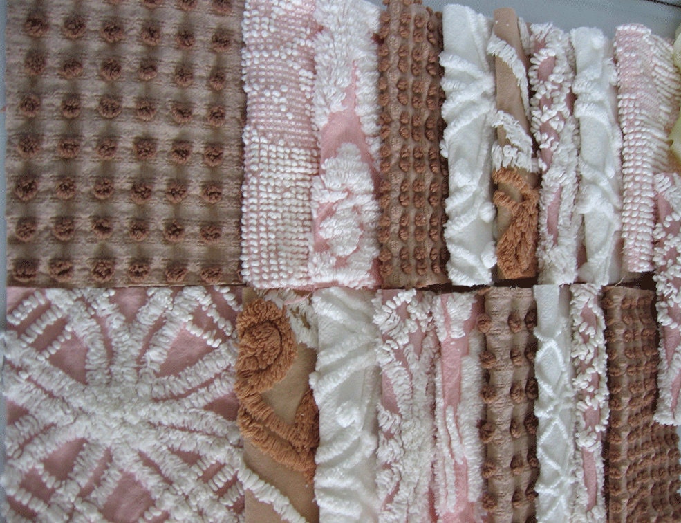 20 Vintage Chenille Bedspread precut 6 inch squares chocolate brown and shabby pink